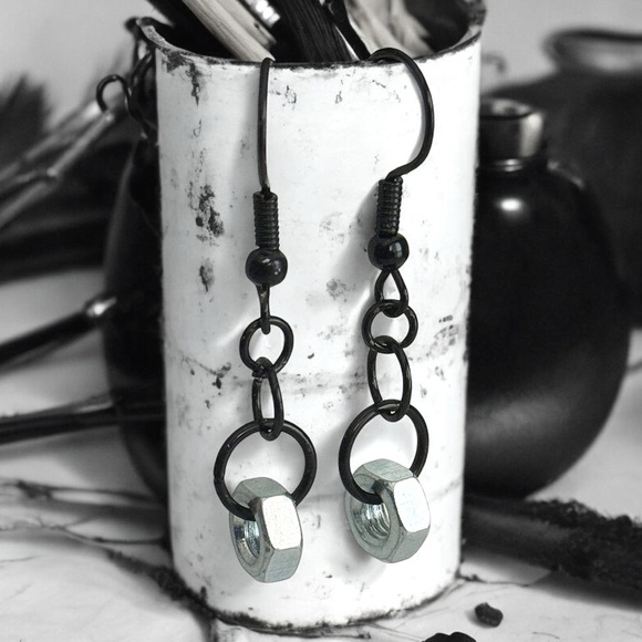 5 For $25💫Biker Hardware Silver Hex Nut Dangles Earrings - Picture 1 of 4